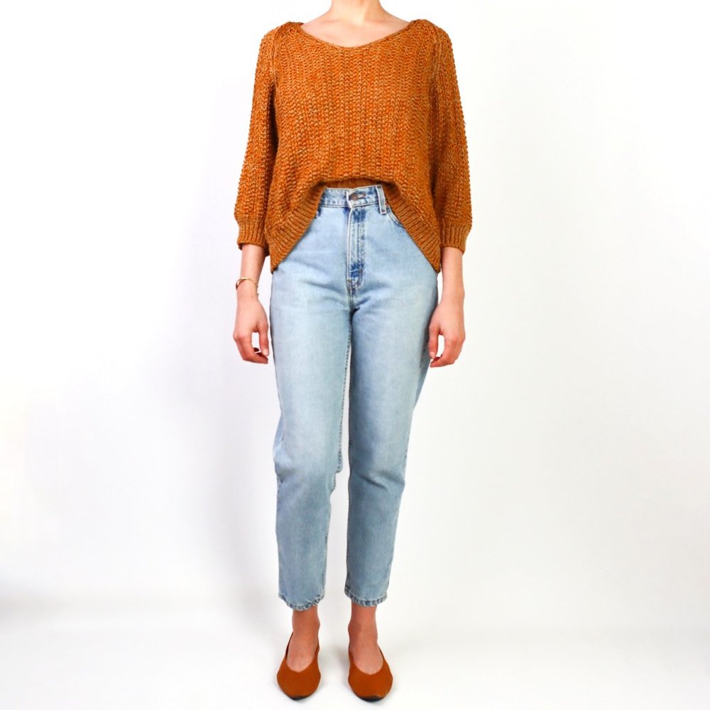 Massimo Dutti Women's Crewneck Sweater Italian Yarn Shimmer Knit Gold Medium